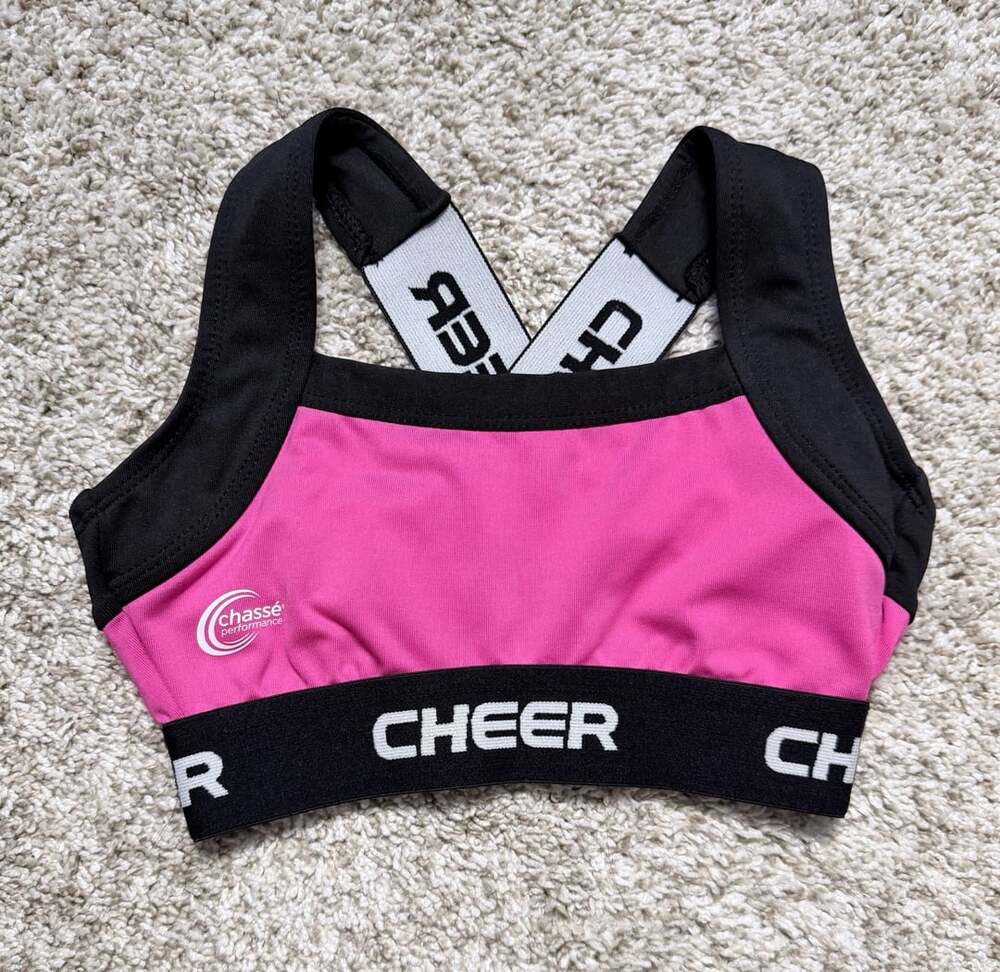 Chasse Performance Cheer Graphic Sports Bra Pink Black Youth Size YS